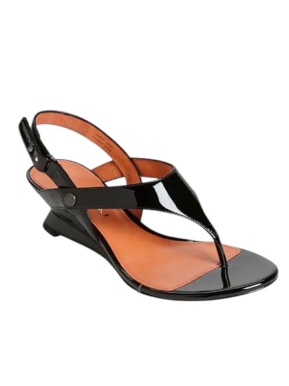 Via Spiga Black Patent Leather Thong Sandals with Tan Insole